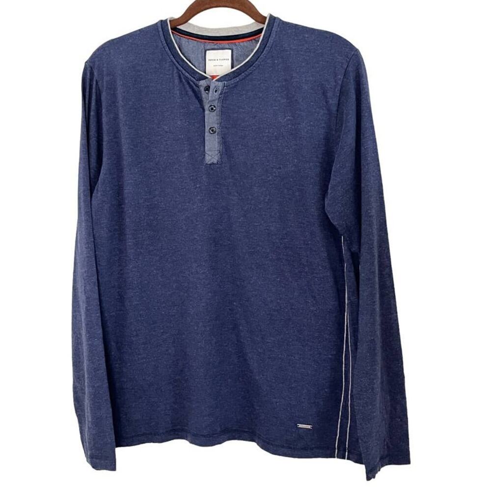 Denim & Flower Size Medium Pullover Navy Blue Henley Shirt